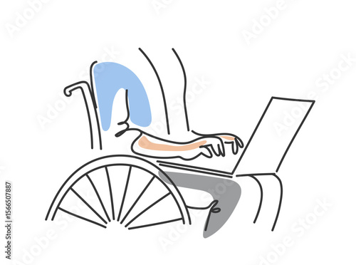 Disabled person in the wheelchair works at the computer.  Hand drawn line drawing Vector doodle illustration