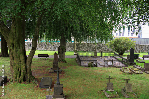 European cemetery landscape in Norway with lush greenery and gravestones, 유럽 노르웨이의 푸른 녹지와 묘비가 있는 평화로운 묘지 풍경