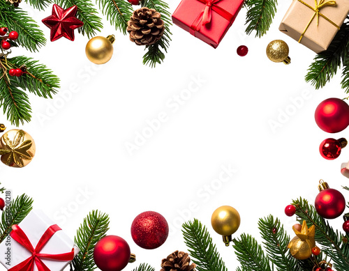 Joyful holiday elements including evergreen sprigs, festive baubles, and neatly wrapped presents create a vibrant frame.