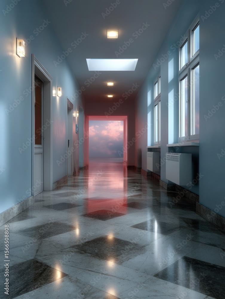 Modern hospital corridor with large windows and sunset view, clean and spacious interior design Modern hospital corridor with large windows and sunset view, clean and spacious interior design