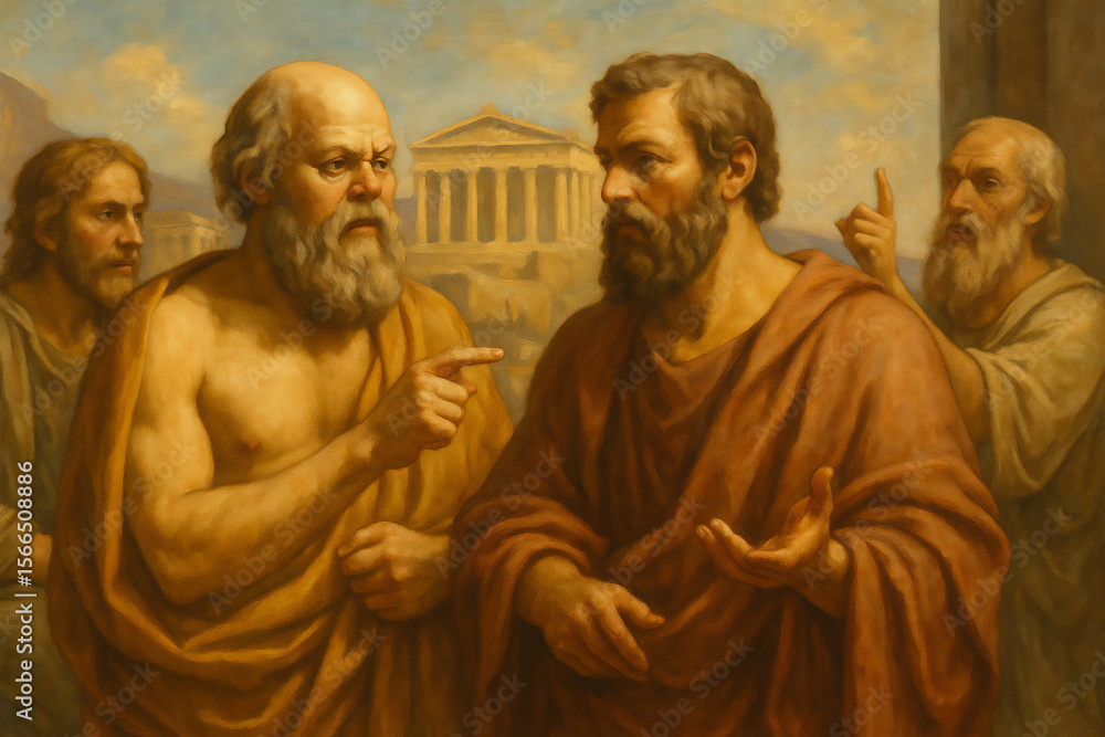 Naklejka premium Ancient philosophers in discussion with classical architecture background oil painting style