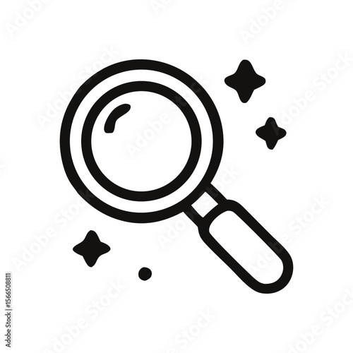 Simple black and white illustration of a magnifying glass with sparkles.