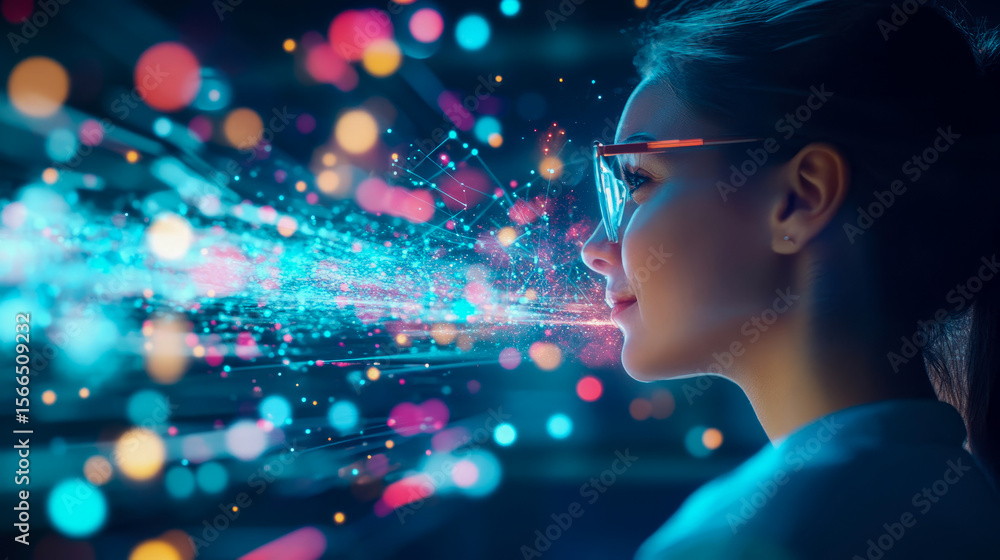 Concept: Woman immersed in a digital flow, illustrating artificial intelligence, and technology advancements Concept: Woman immersed in a digital flow, illustrating artificial intelligence, and technology advancements