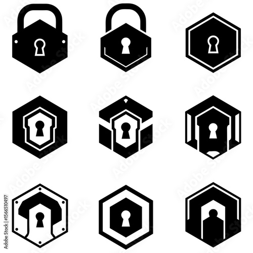 A versatile asset pack of sci-fi lock silhouettes is intended for use in video game UI, menus, and HUD displays