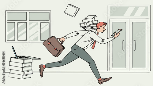Vector Busy businessman running with briefcase and phone, overwhelmed with paperwork—office stress, multitasking, urgent deadlines, and modern work pressure.