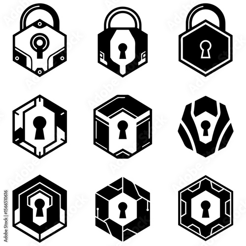 A collection of mecha-themed lock icons is designed with the aesthetic of futuristic robot armor plating