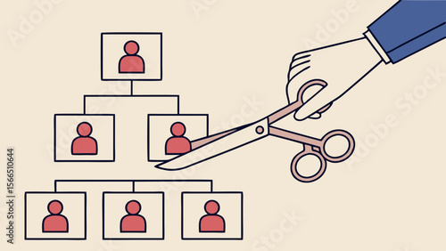 Vector Job cut in corporate hierarchy – hand cutting staff from org chart, concept of downsizing, layoff, restructuring or human resource reduction