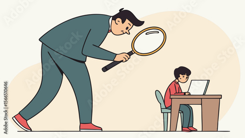 Vector Large man uses magnifying glass to closely examine child working laptop, showcasing curiosity
