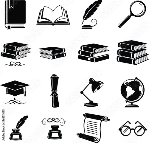 Collection of educational and literary icons including books graduation cap globe and writing tools