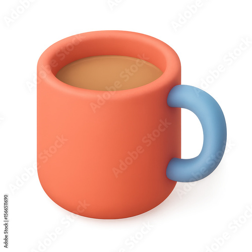 3D Rendered Orange Mug with Blue Handle and Coffee.