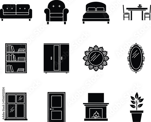Collection of black silhouette icons representing home furniture and decor elements