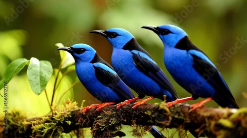 Three vibrant blue birds with black markings perched closely together on a mossy branch in a lush green forest habitat.