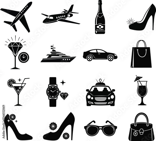 Collection of luxury lifestyle icons including private jet yacht sports car and high heels