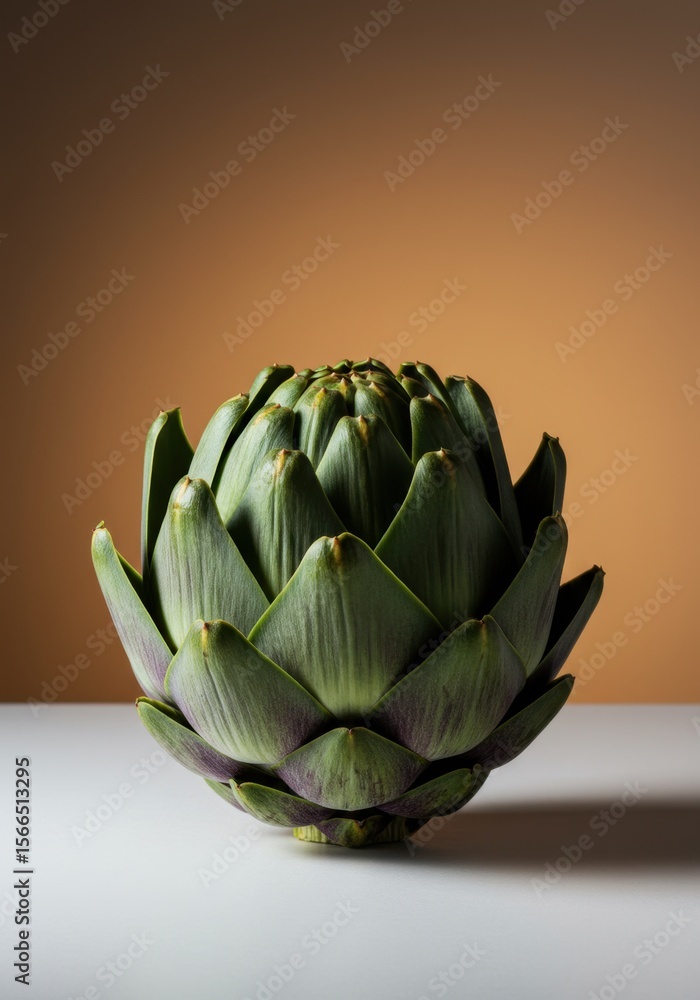 Fototapeta premium Green Artichoke on White Surface Against Brown Background