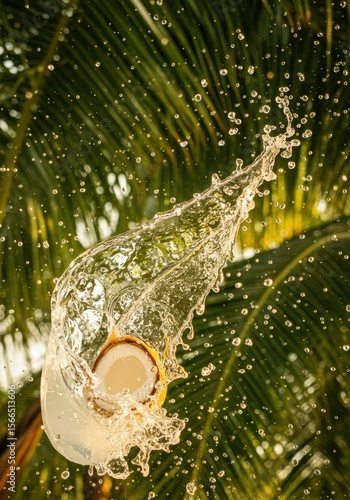 Coconut Water Splash Against Lush Green Palm Leaves