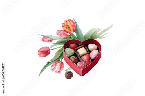 Fototapeta Naklejka Na Ścianę i Meble -  Red heart shaped box filled with assorted chocolates and decorated with pink tulip flowers watercolor isolate