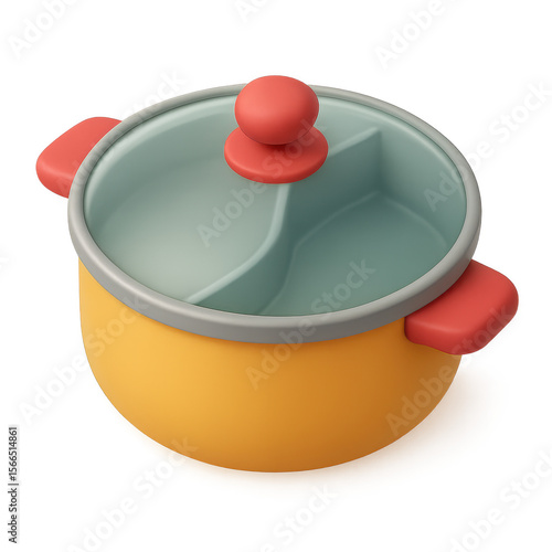 Cartoonish Divided Pot with Red Handles and Glass Lid.