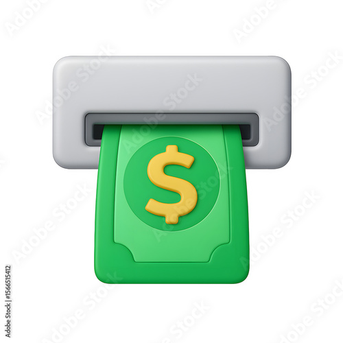 3d rendered green dollar bill with yellow dollar sign emerging from atm slot isolated on transparent background