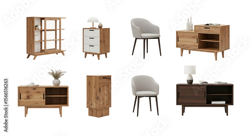 Elegant collection of modern minimalist and Scandinavian furniture isolated on a black background. Wooden sideboards, chairs, and cabinets for contemporary interior design and product mockups.