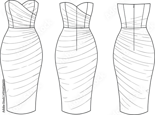 Flat vector CAD drawing of elegant strapless ruched bodycon dress, front and back views, technical sketch for fashion design template