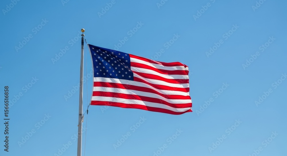 Fototapeta premium American Flag Waving in Blue Sky - A vibrant American flag billows in a clear blue sky, symbolizing freedom and patriotism