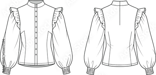 Long sleeve blouse flat sketch, fashion cad illustration, ruffle shoulder top design, vector template, shirt drawing, women’s top pattern