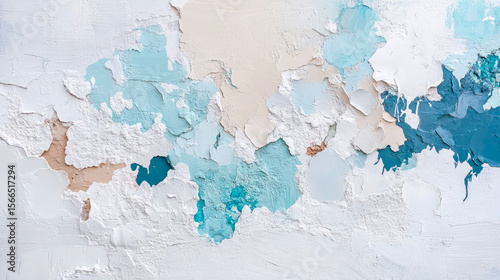 Distressed Abstract Painting in Pastel and Deep Blues with a Heavily Textured Surface