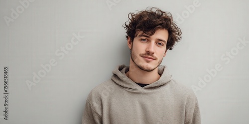 Casual Portrait of a Young Man with Curly Hair Against a Neutral Background