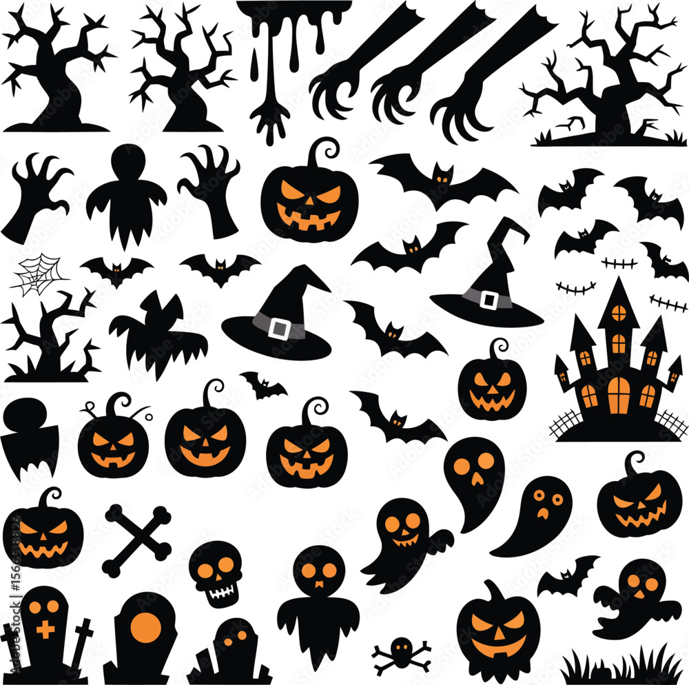 Fototapeta premium Collection of halloween icons featuring pumpkins ghosts bats and spooky trees