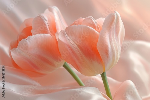 Two peach tulips rest gently on flowing, pastel pink silk fabric. Ideal for expressing love, beauty, or adding soft, elegant texture.