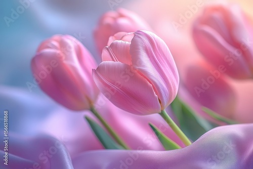 Soft pink tulips rest on lilac silk with pastel background. Great for greetings, cards, and expressing spring beauty.