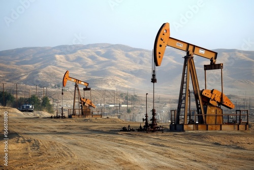 Oil pumpjacks operating in a dry, mountainous desert landscape under a clear sky during daytime.