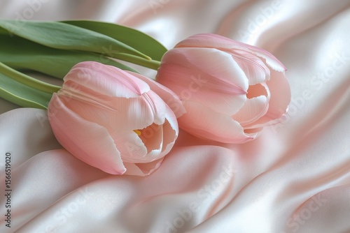 Two pink tulips lie on soft, ivory satin fabric with gentle folds. Perfect for Valentine's Day, wedding invitations, or feminine designs.