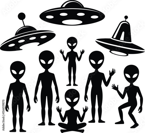 Collection of black silhouette aliens and flying saucers 