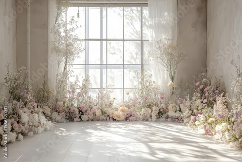 Floral room decoration with bright window, soft light and white wood floor. Ideal for wedding photography or any floral themed background needs.