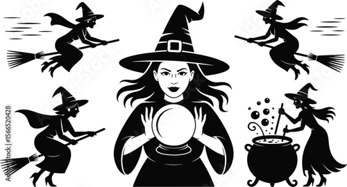 Collection of halloween witches flying on brooms brewing potion and holding crystal ball