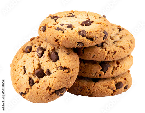 A tempting stack of golden-brown chocolate chip cookies showcases a delightful sweet treat.