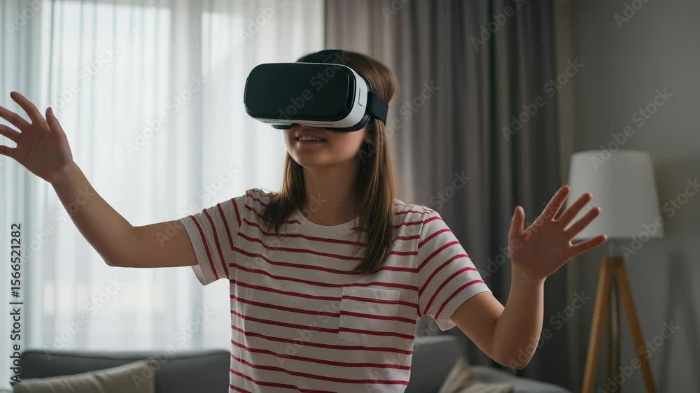 Virtual Reality Exploration: Teenager in striped shirt enthusiastically interacts with a VR headset, experiencing immersive digital worlds at home. Virtual Reality Exploration: Teenager in striped shirt enthusiastically interacts with a VR headset, experiencing immersive digital worlds at home.
