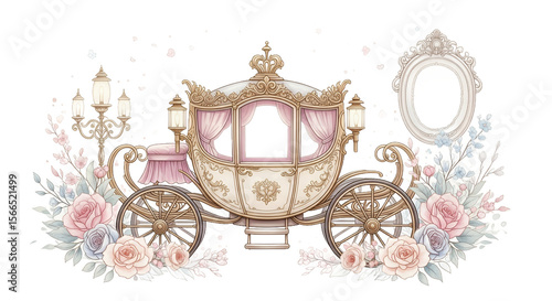 Elegant horse-drawn carriage adorned with floral decorations, romance and fantasy concept