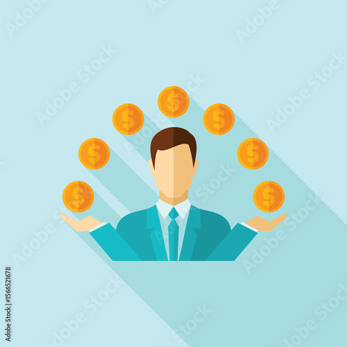 Businessman Managing Finances and Juggling Dollar Coins Concept