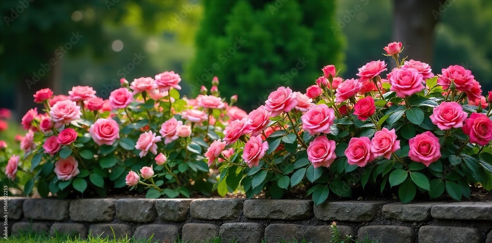 Fototapeta premium Abundant Rose Bushes Overflowing a Stone Border, Romantic Garden Scene
