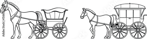 Two horses pulling a carriage with a horse and carriage.