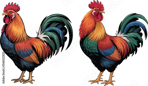 Two vibrant colorful roosters stand proudly against 