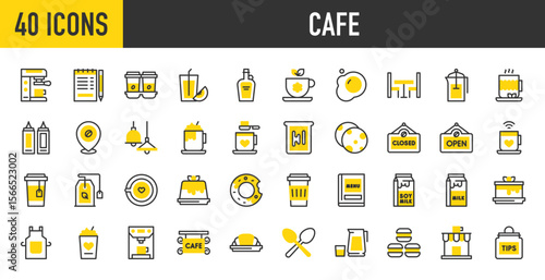 40 Cafe icons. such as Lamp, Menu, Coffee Machine, Lemonade, Bread, Tips, Takeaway, Closed, Apron, Coffee Pot, Cookie, Croissant, Donut, Egg, Frappe, Jelly, Macaroon stroke vector illustration.
