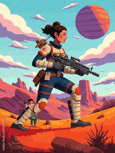 a futuristic fantasy female medic wearing a science fiction suit on a colony planet defending settlers