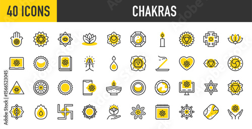 40 Chakras icons. such as Namaste, Inertia, Water, Book, Manipura, Heart, Eye, Muladhara, Svadhisthana, Laptop, Dharma Wheel, Lotus, Ajna, Earth, Eclipse, Fire, Incense stroke vector illustration.