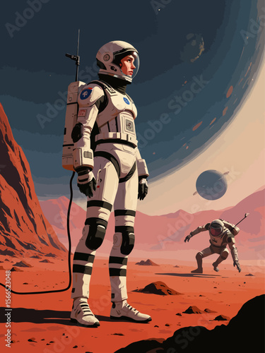 a futuristic fantasy female medic wearing a science fiction suit on a colony planet defending settlers