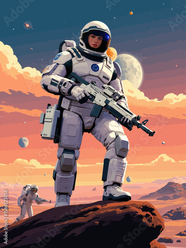 a futuristic fantasy female medic wearing a science fiction suit on a colony planet defending settlers