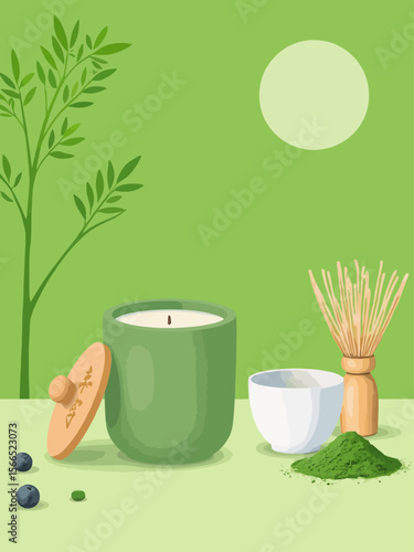 a matcha green Japanese soy wax candle in a matte ceramic jar, soft natural green color, wooden lid with engraved kanji, styled beside a bamboo whisk, matcha powder
