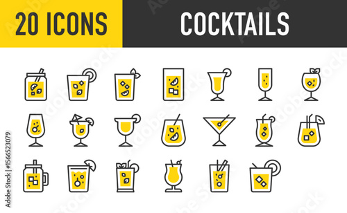 20 Cocktails icons. such as Pisco Sour, Bloody Mary, Cocktail, Cuba Libre, Gin Tonic, Margarita, Martini, Piña Colada, Caipirinha, Champagne stroke vector illustration.